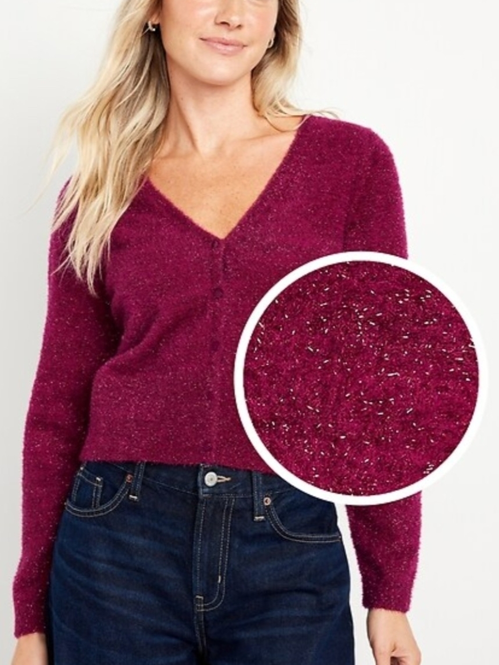 Old Navy Sparkly V-Neck Cardigan Cherry Red M .